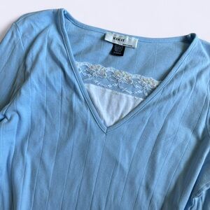 Vintage 90s Sky Blue Cotton Lace Blouse Kikit Beaded Trim